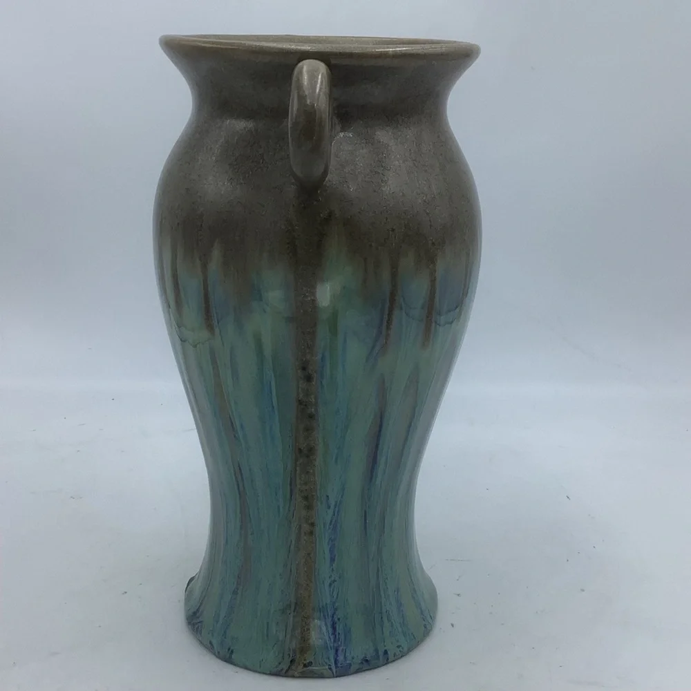 Brown Ceramic Vase with Turquoise Glaze and Round Handles
